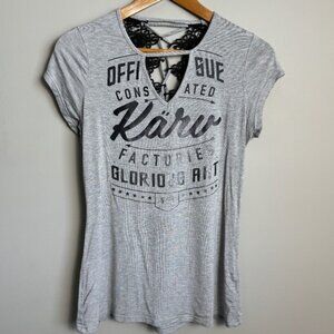 Karv Women's Gray Short Sleeve Open Back T-Shirt Large Crochet Lace Lattice Tie